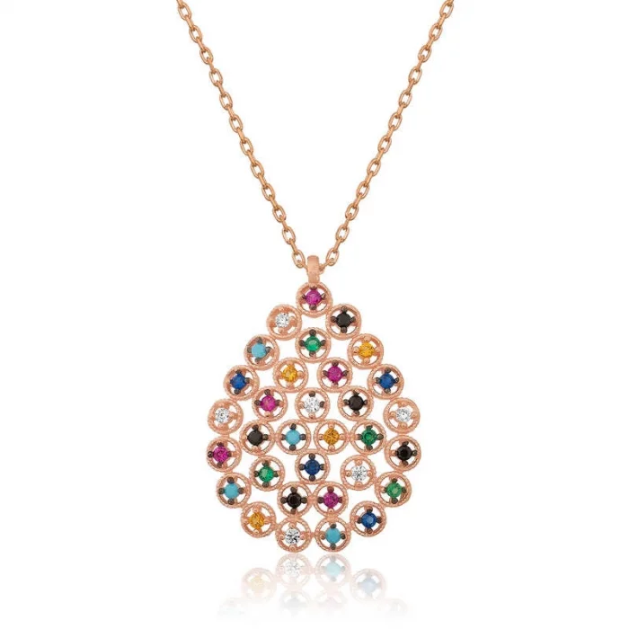 Supertrend Gümüş Rose Renkli Taşlı Damla Kolye