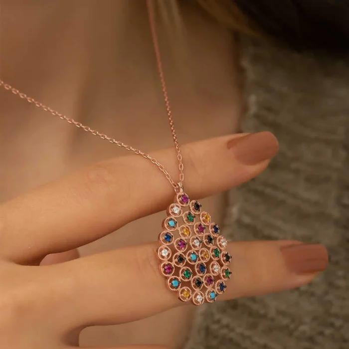 Supertrend Gümüş Rose Renkli Taşlı Damla Kolye