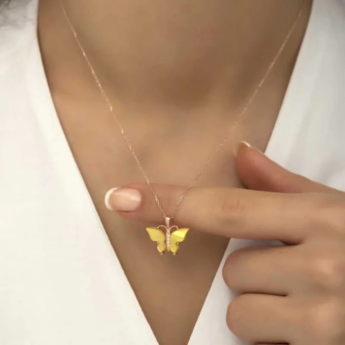 Supertrend Gümüş Rose Sarı Kaplangözü Taşlı Kelebek Kolye