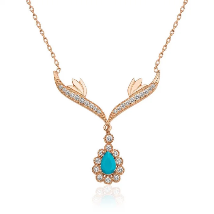Supertrend Gümüş Rose Turkuaz Taşlı Madalyon Bayan Kolye