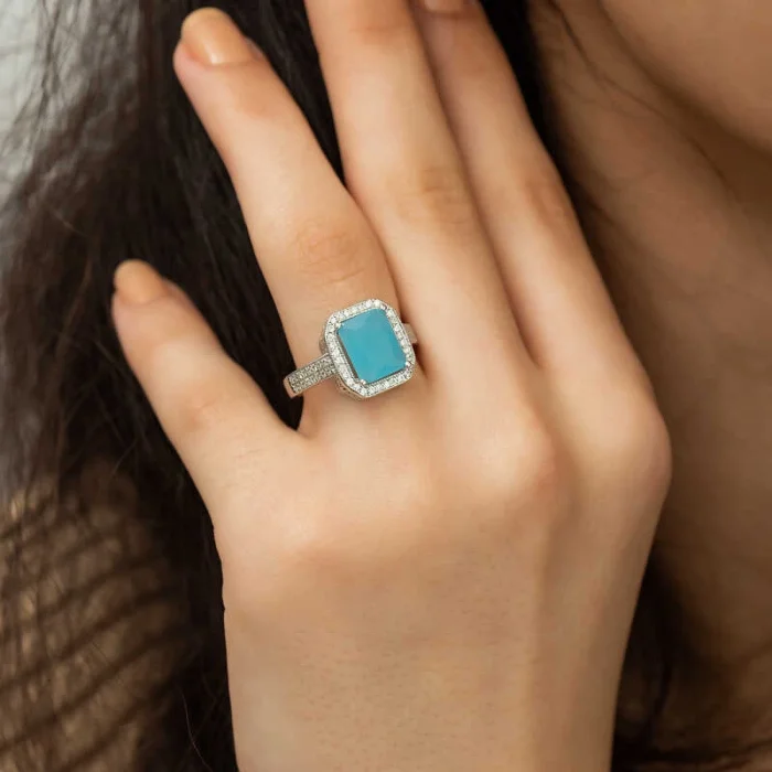 Supertrend Gümüş Turkuaz Baget Kare Bayan Yüzük