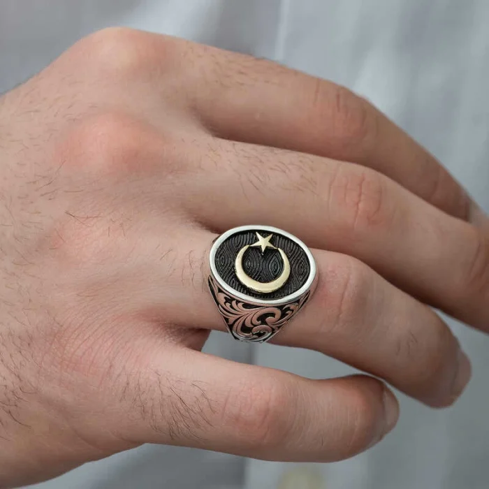 Supertrend Gümüş Yanları Desenli Ay Yıldız Erkek Yüzük