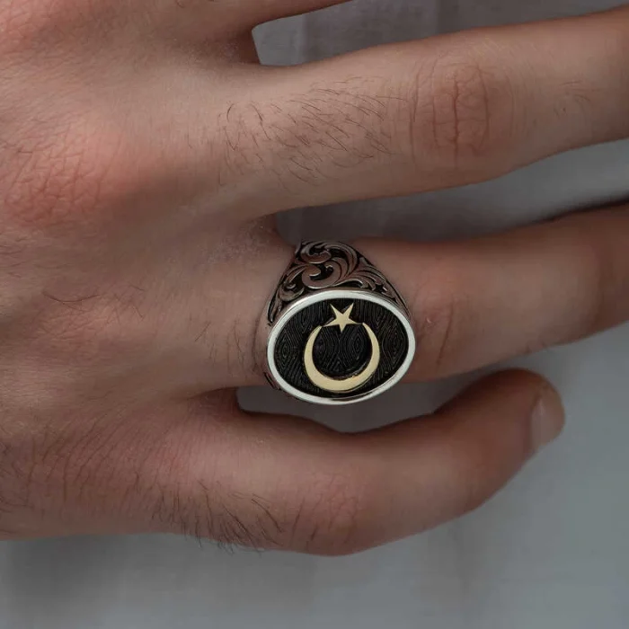 Supertrend Gümüş Yanları Desenli Ay Yıldız Erkek Yüzük