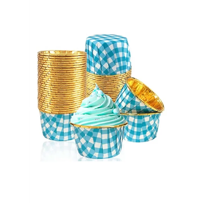 Supertrend Muffin Kek Kapsülü Kare Desenli Mavi-Altın 25li