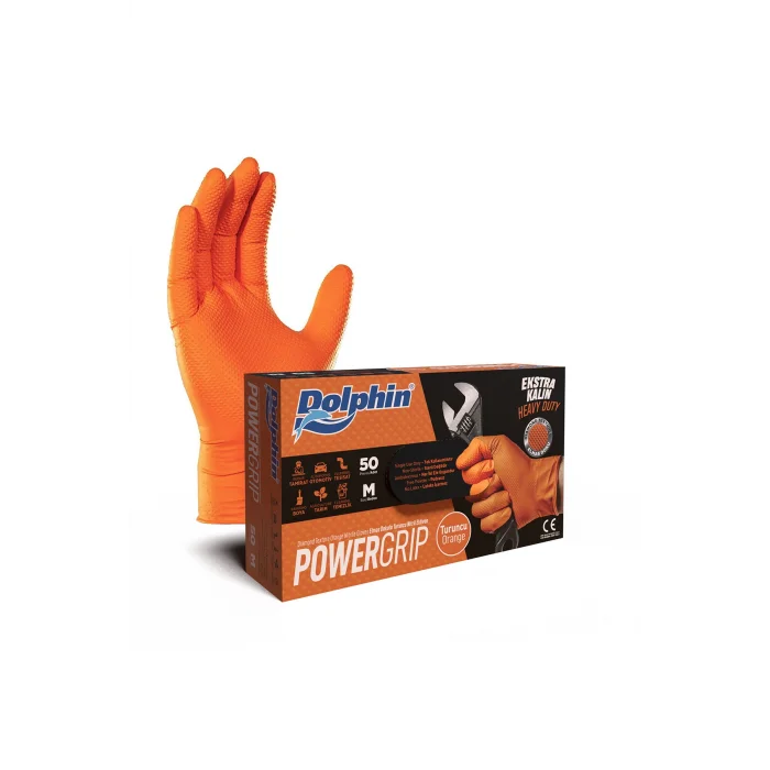 Supertrend PowerGrip Ekstra Kalın Turuncu Nitril Eldiven Elmas Dokulu M 50 Adet