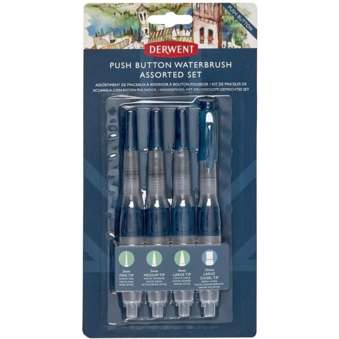 Supertrend Push Button Waterbrush Akış Kontrollü Su Hazneli Sulu Boya Fırçası Seti 4 Boy