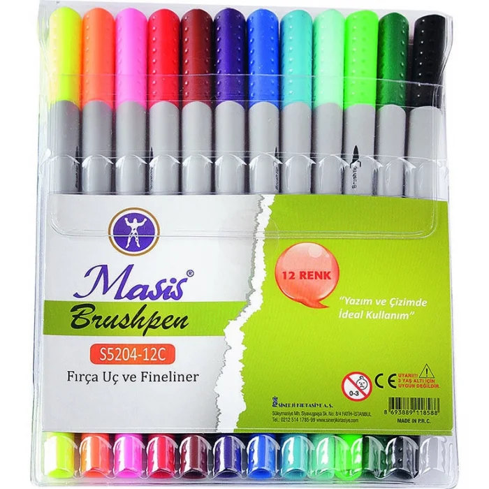 Supertrendis Brushpen Çift Uçlu Fırça Uç + Fineliner Kalem Seti 12 Renk