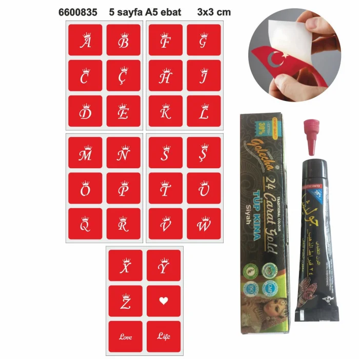 Taçlı Harfler Hint Kınası ile Geçici Dövme Yapma Seti