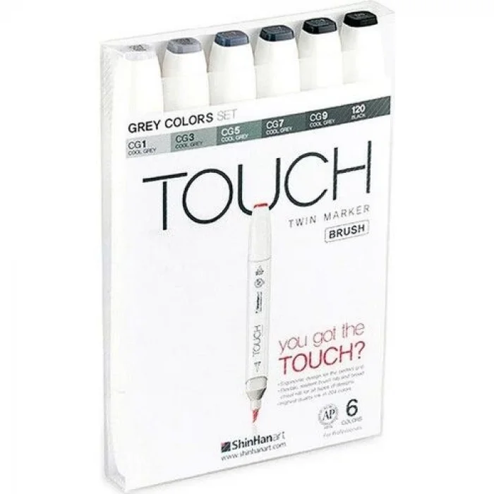 Touch Twin Brush Marker Fırça Uçlu Marker Seti 6 Renk GRİ TONLARI