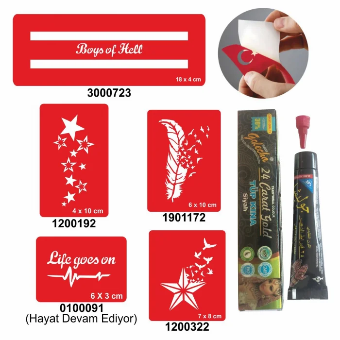 Yıldız Şerit Desenleri Hint Kınası ile Geçici Dövme Yapma Seti