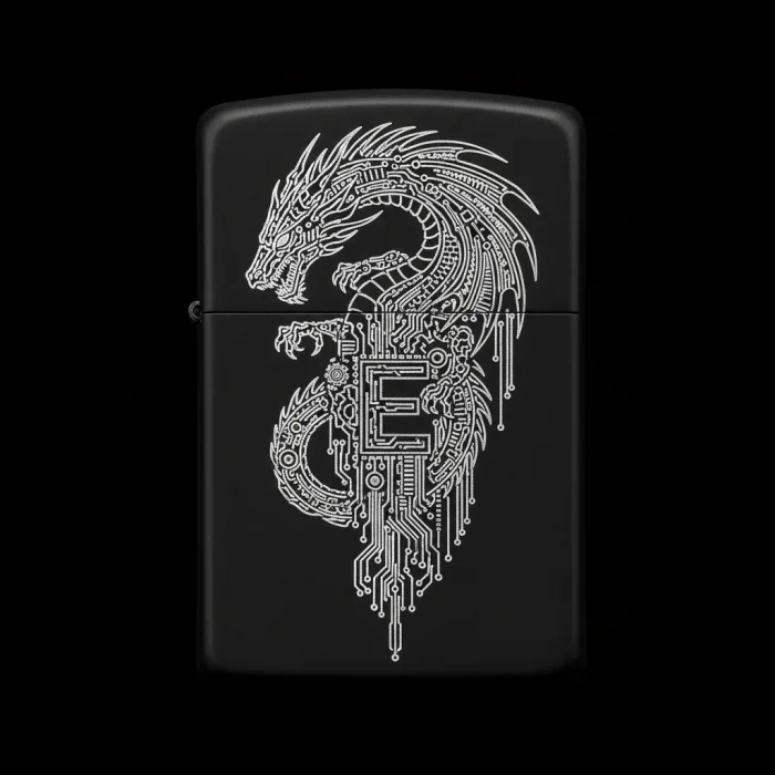 Benzinli Çakmak Ejderha Figürlü E Harfli Tasarım - V13