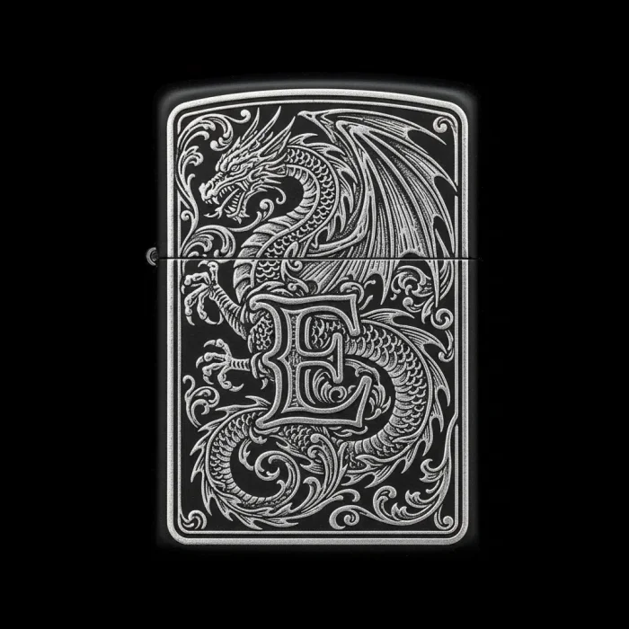 Benzinli Çakmak Ejderha Figürlü E Harfli Tasarım - V42