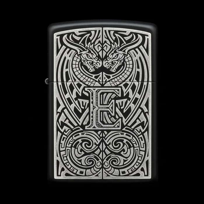 Benzinli Çakmak Ejderha Figürlü E Harfli Tasarım - V84