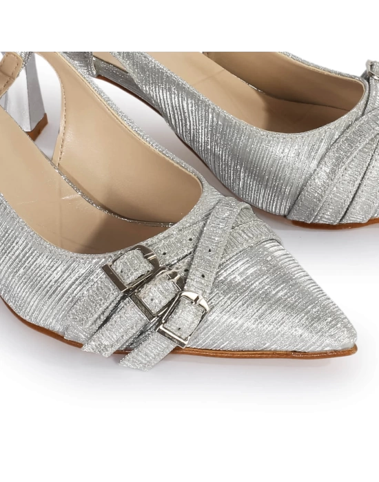 Atina Gümüş Simli Kumaş Toka Detay Topuklu Ayakkabı