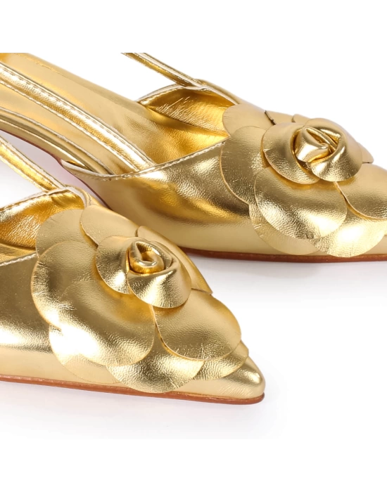 Rosi Gül Detaylı Gold Topuklu Ayakkabı