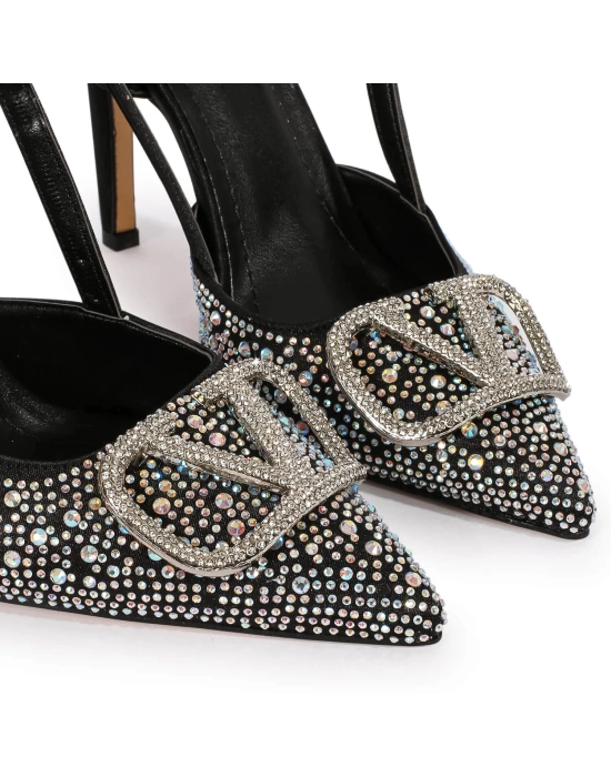 Vilda Gümüş Taş Detaylı Siyah Topuklu Ayakkabı