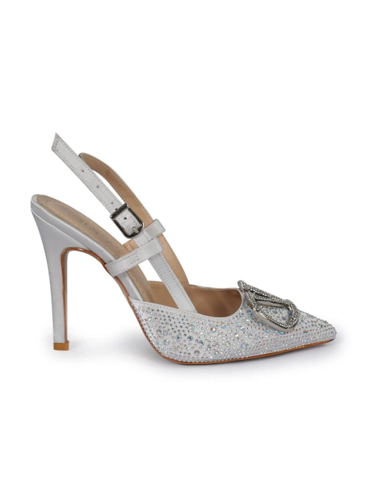 Vilda Taş Detaylı Gümüş Topuklu Ayakkabı