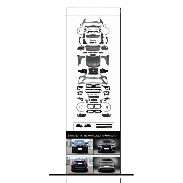 Komple Gövde Kiti X6:E71 [DONUSUM => X6:G06-LCI] <OO-OO> Egz.Çıkışlı, Panj-lu, Egz.Uçlu, Kaput/Çamurluk/Bagaj Kap., Far/Stop, Çamurluk Dodikleri -X6M- 2008-14