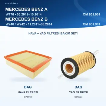 Mercedes Benz A W176 / B W246 W242 OM651.901 DAG Hava ve Yağ Filtresi Bakım Seti