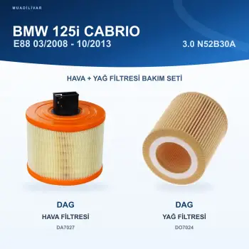 DAG BMW 125i Cabrio E88 3.0 N52B30A Hava ve Yağ Filtre Bakım Seti (03/2008–10/2013)