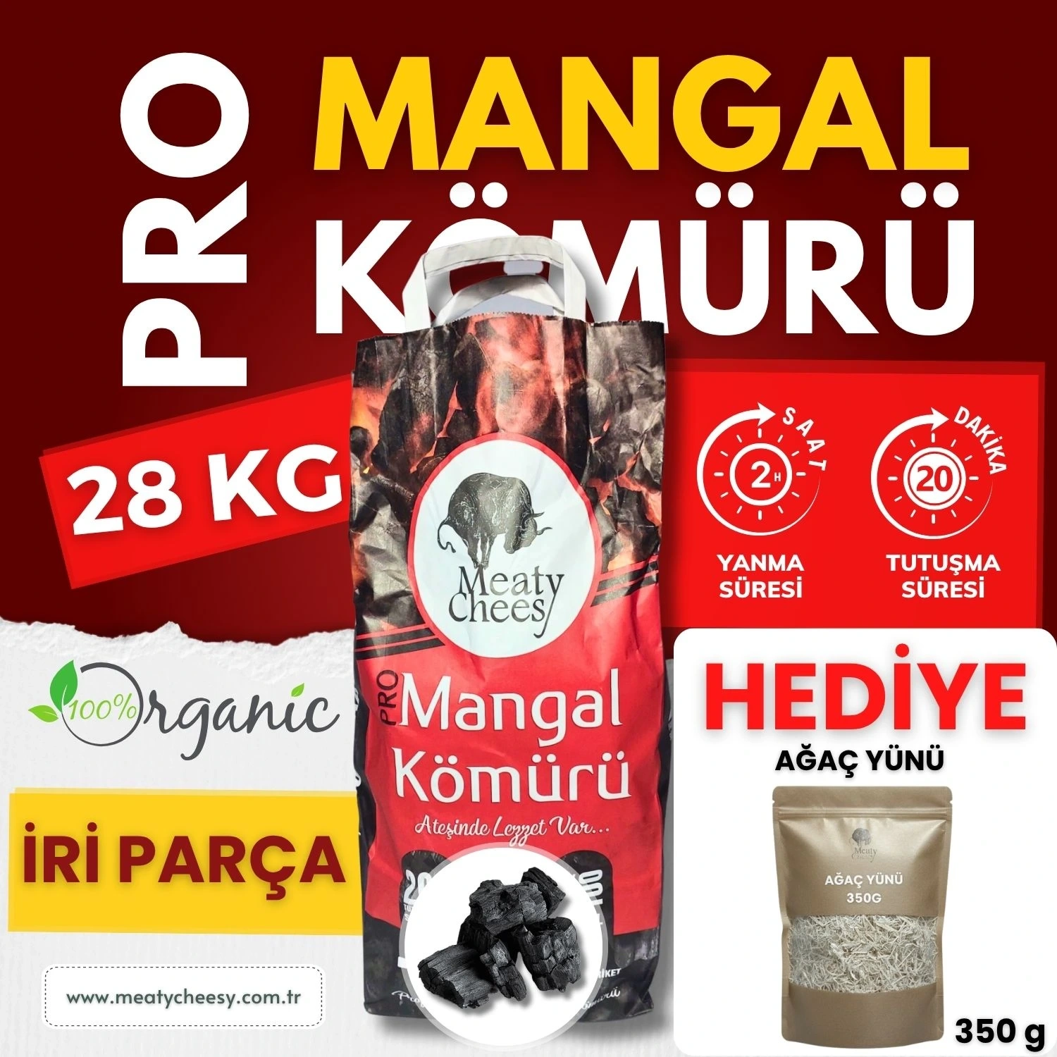 (Kasım Ayına Özel İndirim + Hediye) (İri Parça 28 kg) Meaty&Cheesy Prime Bio Karbon Mangal & Barbekü Kömürü