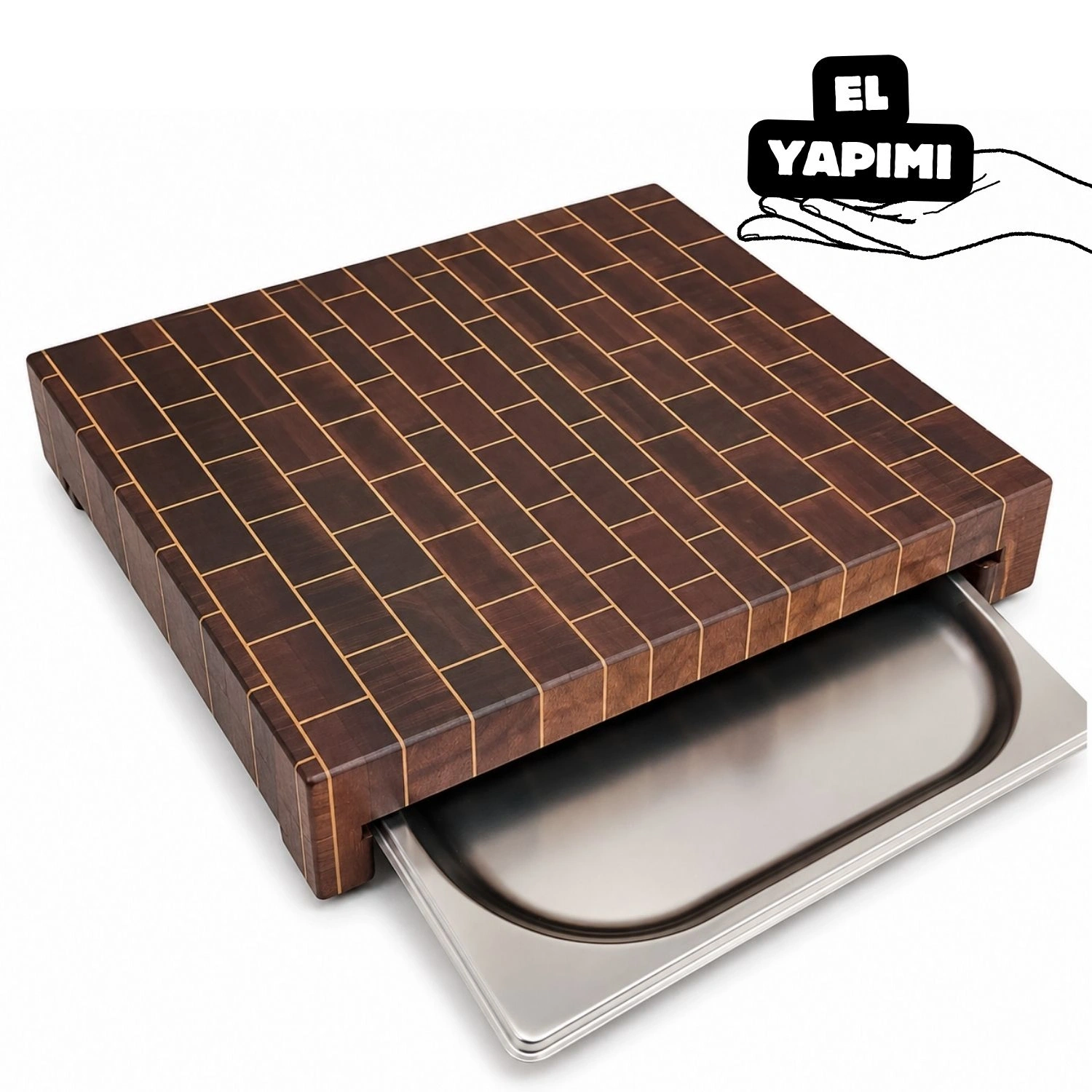 Tepsili End Grain Kesme Tahtası - Maun ve Dişbudak