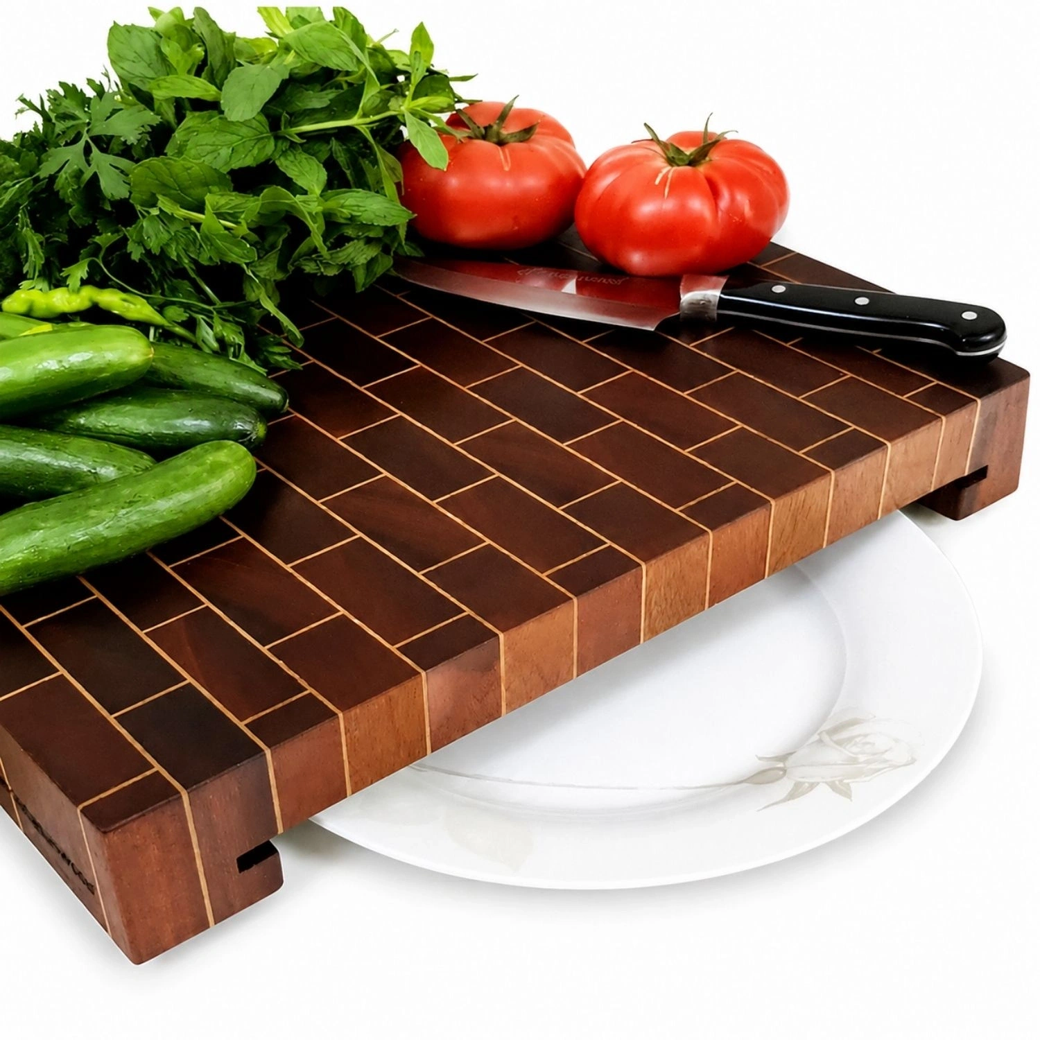 Tepsili End Grain Kesme Tahtası - Maun ve Dişbudak