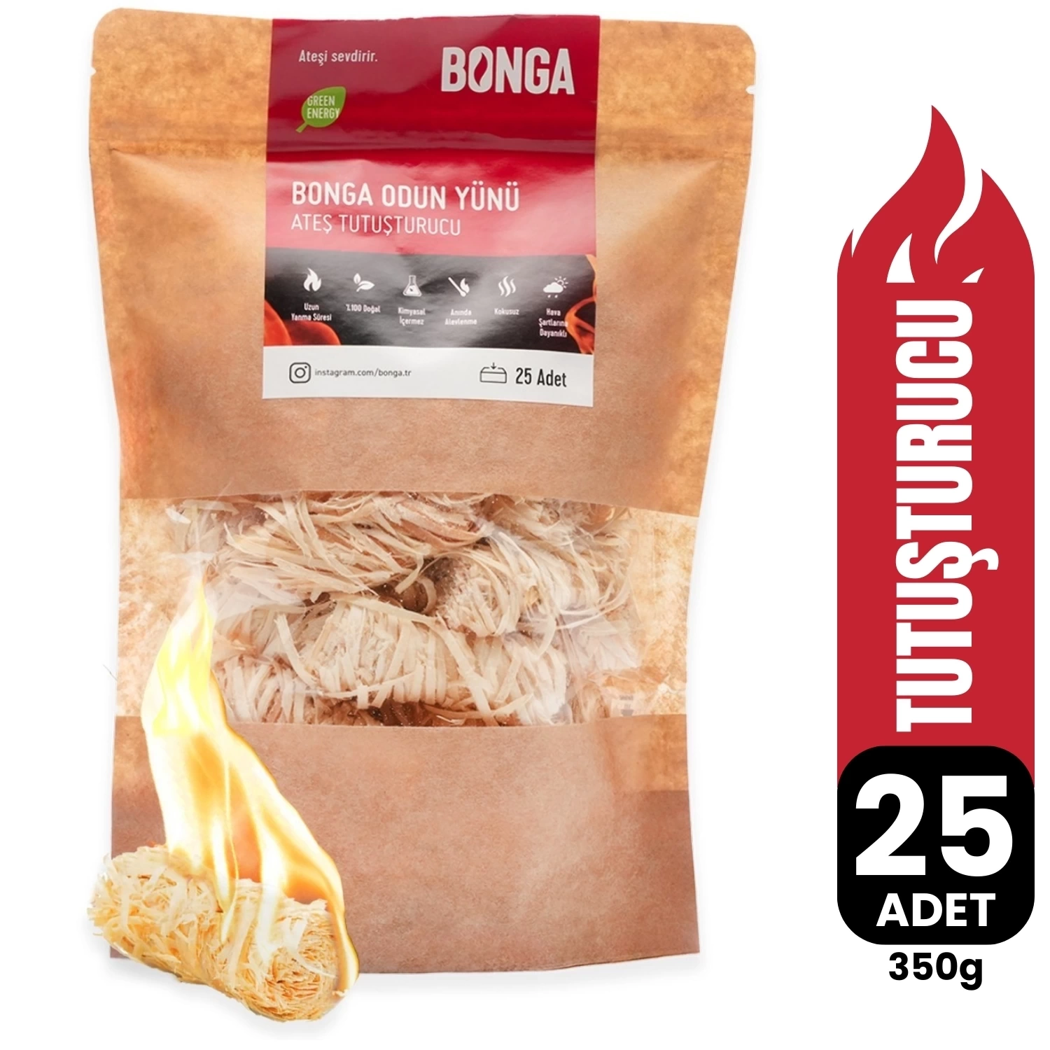 Bonga Odun Yünü Ateş Tutuşturucu (25 Adet) - 350 g