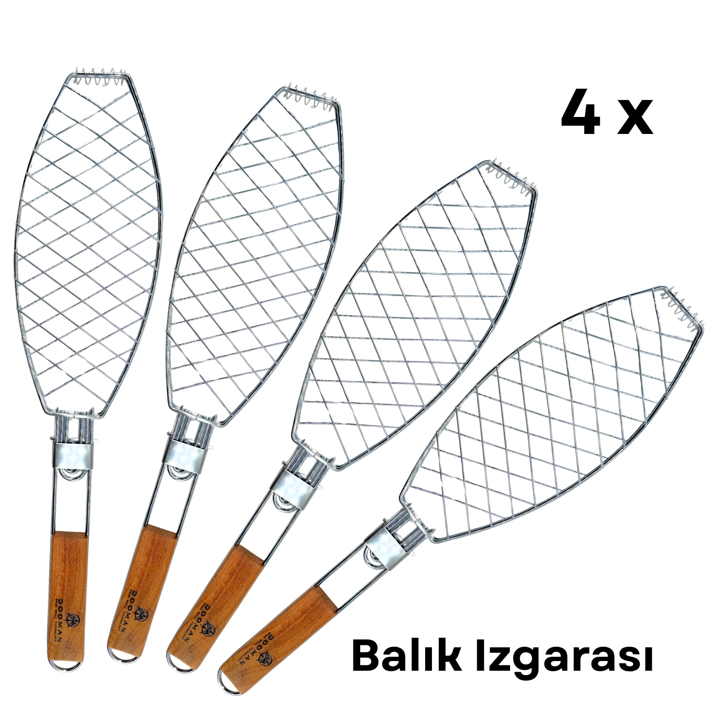 Dooman 4lü Paslanmaz Çelik Balık Izgara Teli Ahşap Saplı 30x13 cm Izgara Alanı - 318g