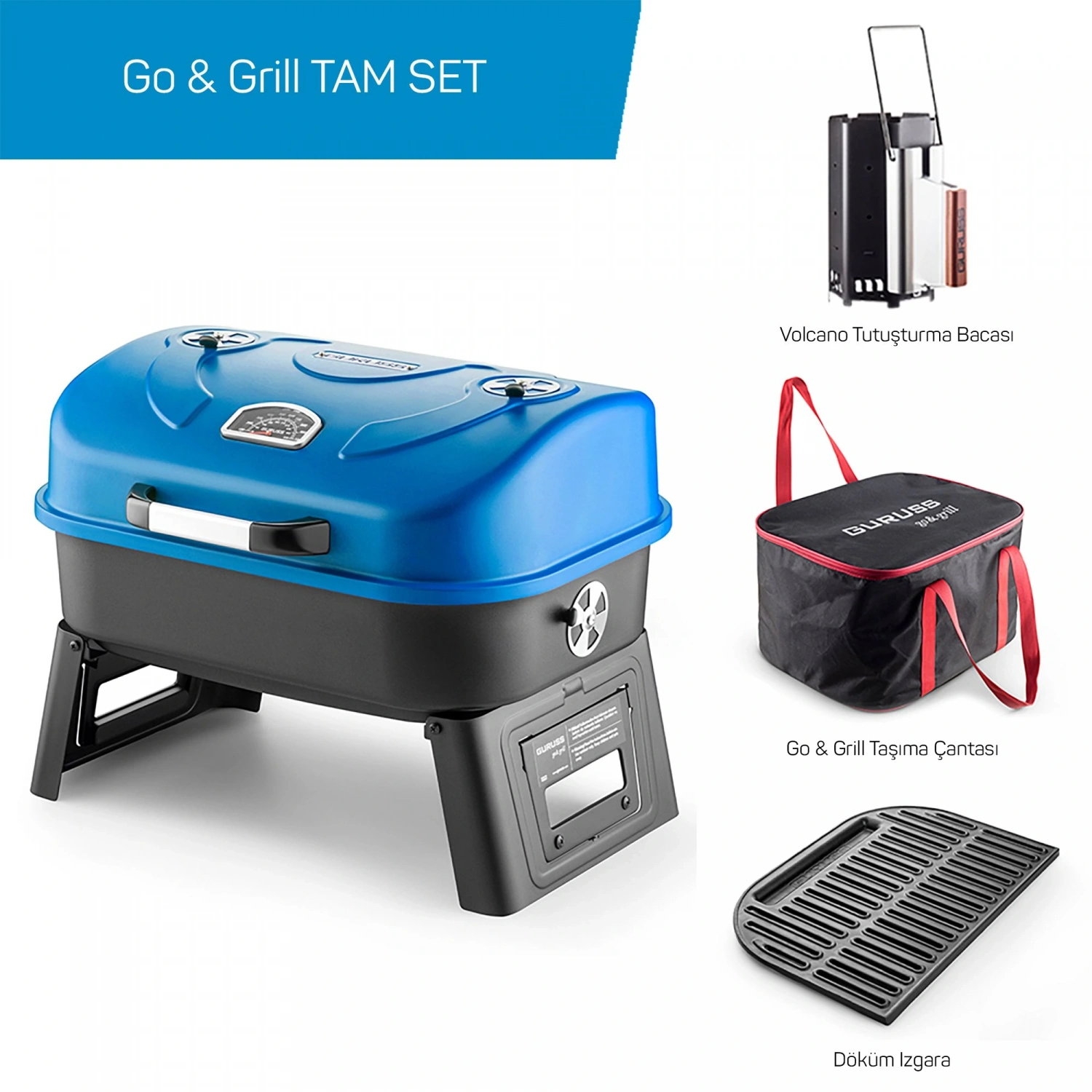 Guruss Go Grill Portatif Barbekü Mangal Tam Set (Mavi)