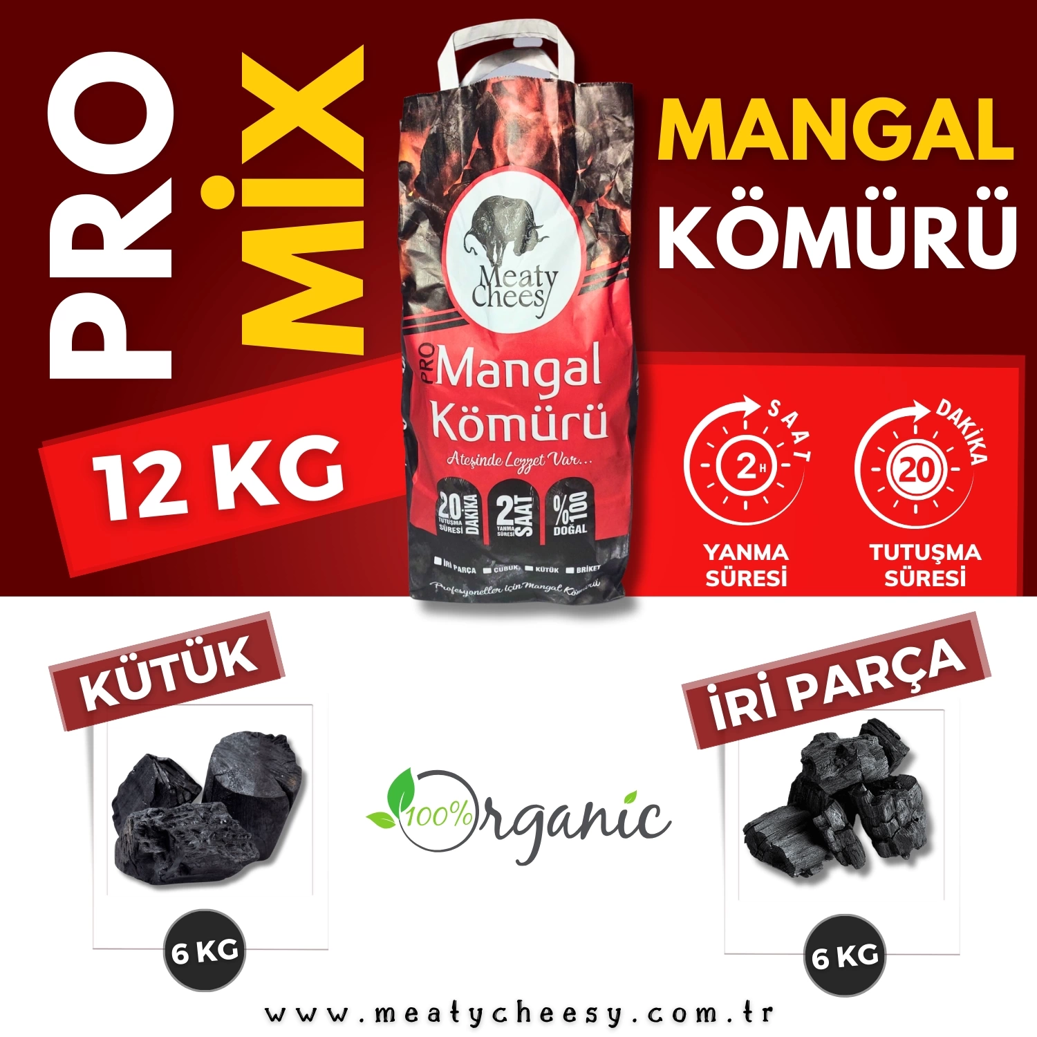 Meaty&Cheesy Mix Bio Karbon Mangal & Barbekü Kömürü (Kütük + İri Parça) - 12 kg