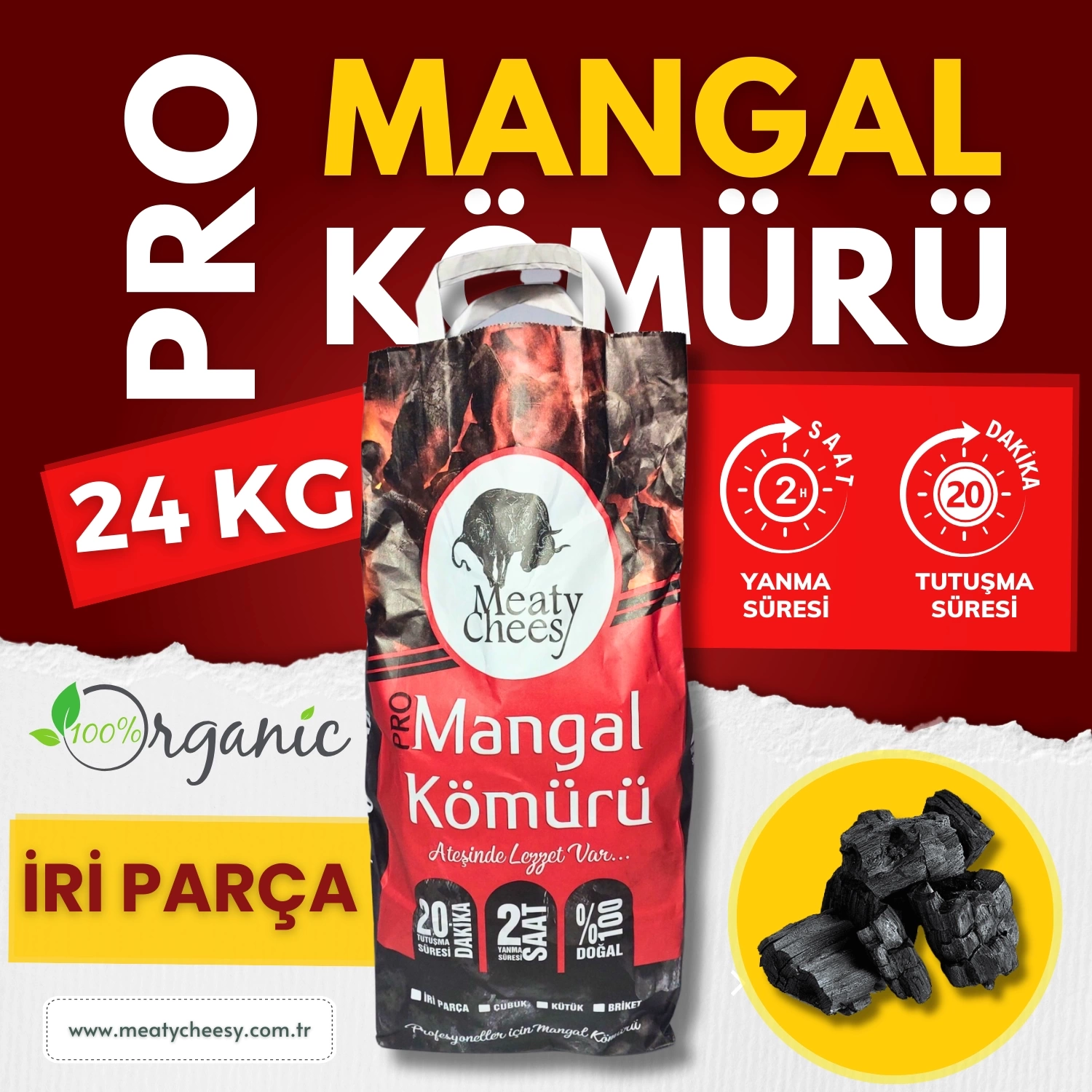 Meaty&Cheesy Prime Bio Karbon Mangal & Barbekü Kömürü (İri Parça) - 24 kg
