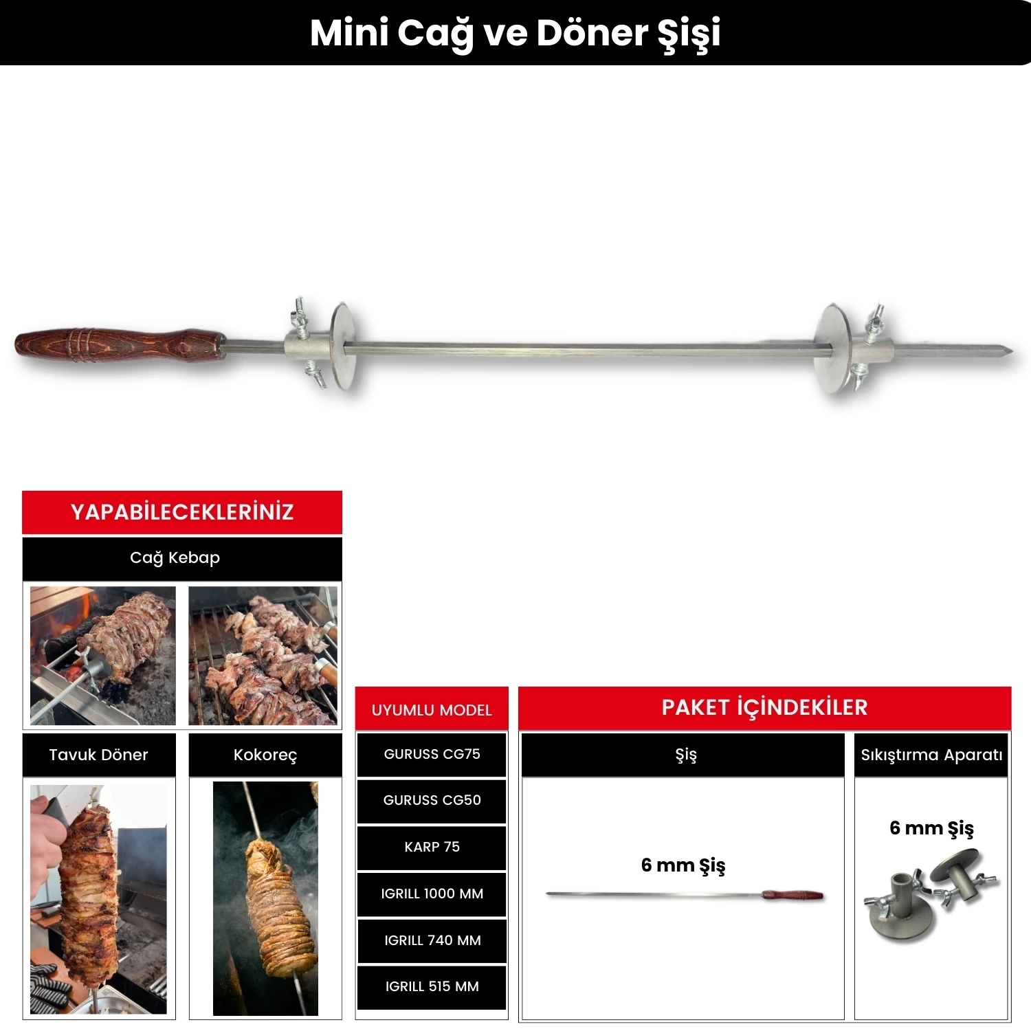 Mini Cağ ve Döner Şişi Paslanmaz Çelik Şiş (57 cm) + (2 Adet Et Sıkıştırma Aparatı)