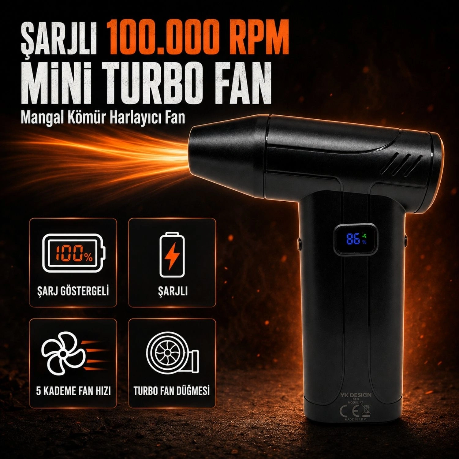 Şarjlı 100.000 RPM Mini Turbo Fan | Mangal Kömürü Harlayıcı