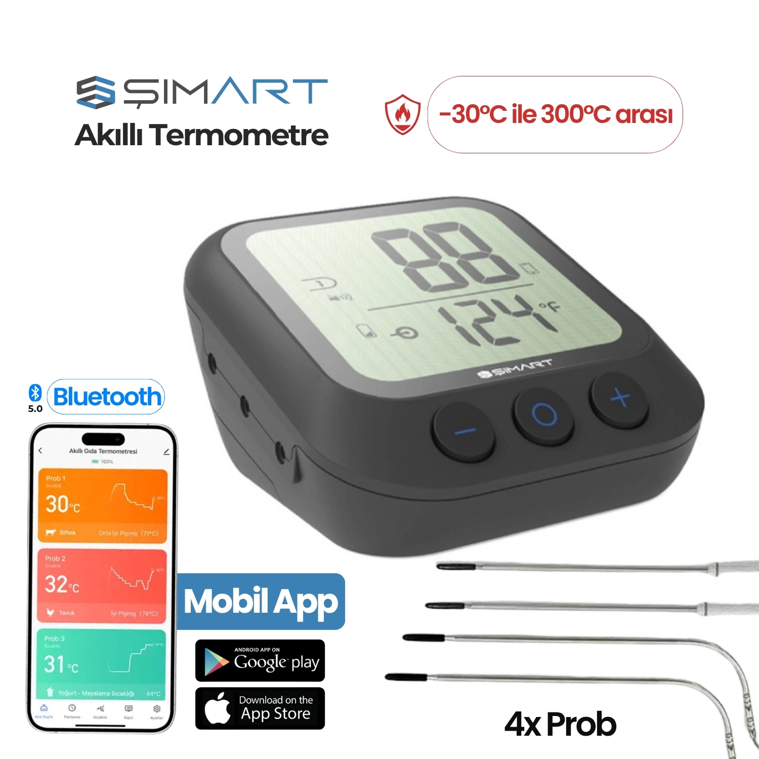 Şımart Akıllı Gıda Termometresi 4 Prob Bluetooth 5.0 Mobil Uygulama -30°C~300°C Ölçüm Aralığı