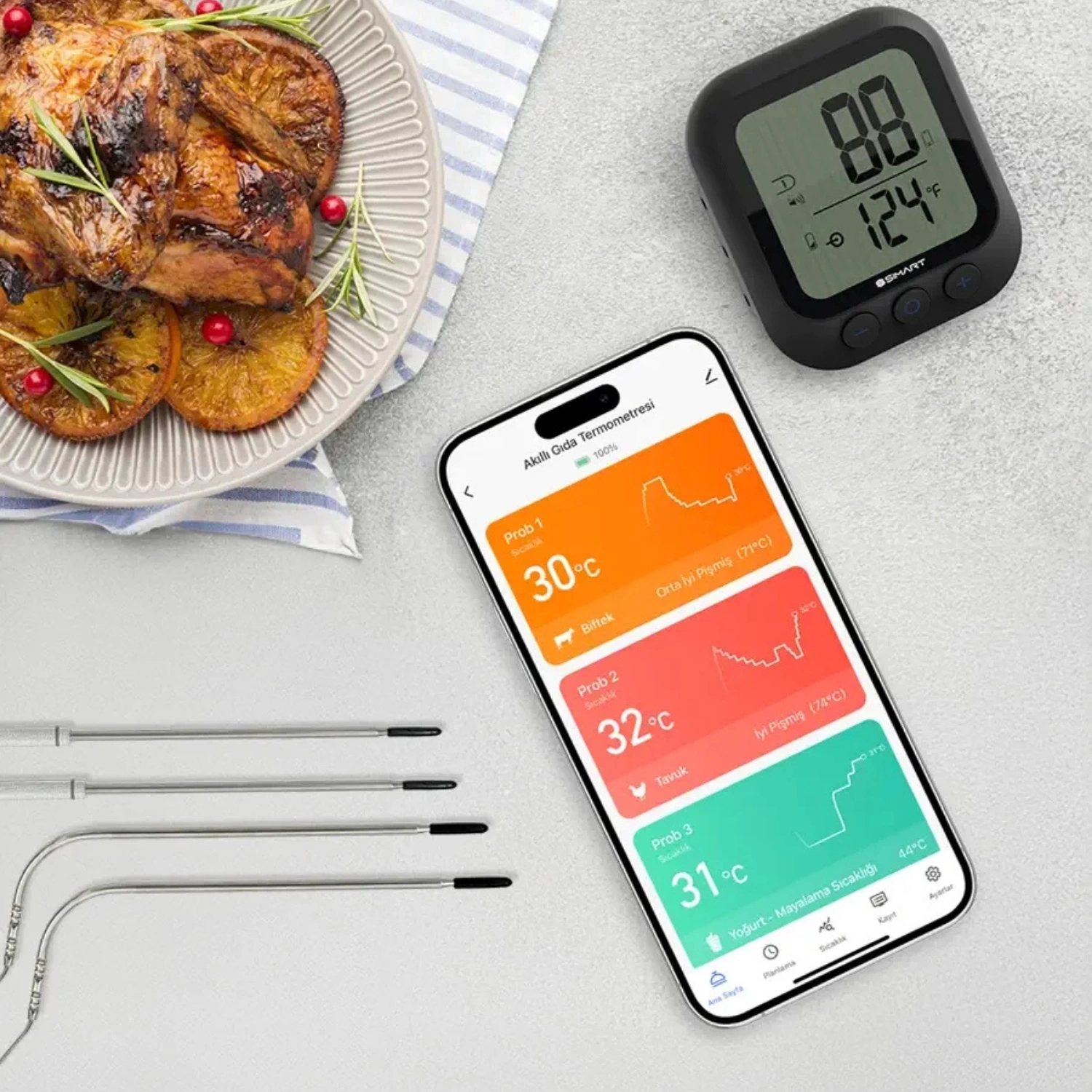 Şımart Akıllı Gıda Termometresi 4 Prob Bluetooth 5.0 Mobil Uygulama -30°C~300°C Ölçüm Aralığı