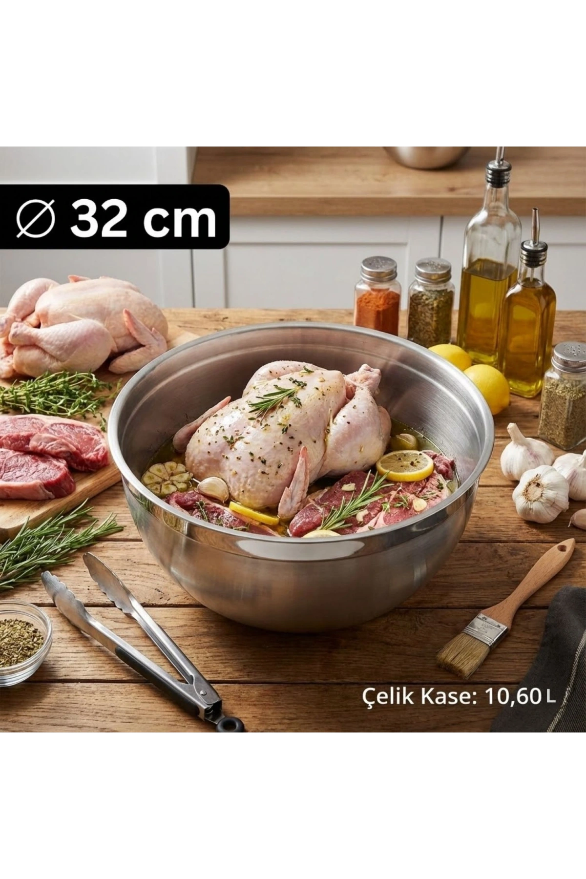 Çelik Büyük Boy Kase 32 cm (10.6 L) - Büyük Porsiyon Hazırlama Kasesi