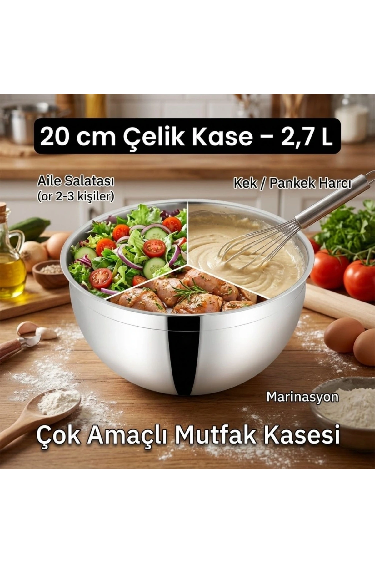 Çelik Kase 20 cm (2.7 L) - Çok Amaçlı Kek, Pasta ve Kurabiye Harcı Hazırlama Kasesi