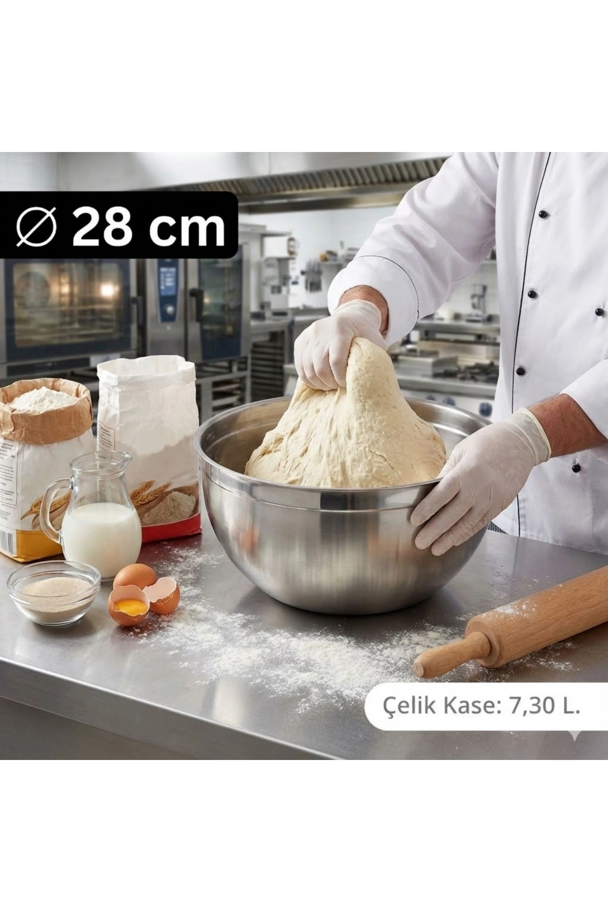 Çelik Kase 28 cm (7.3 L) - Büyük Hamur ve Marine Kasesi