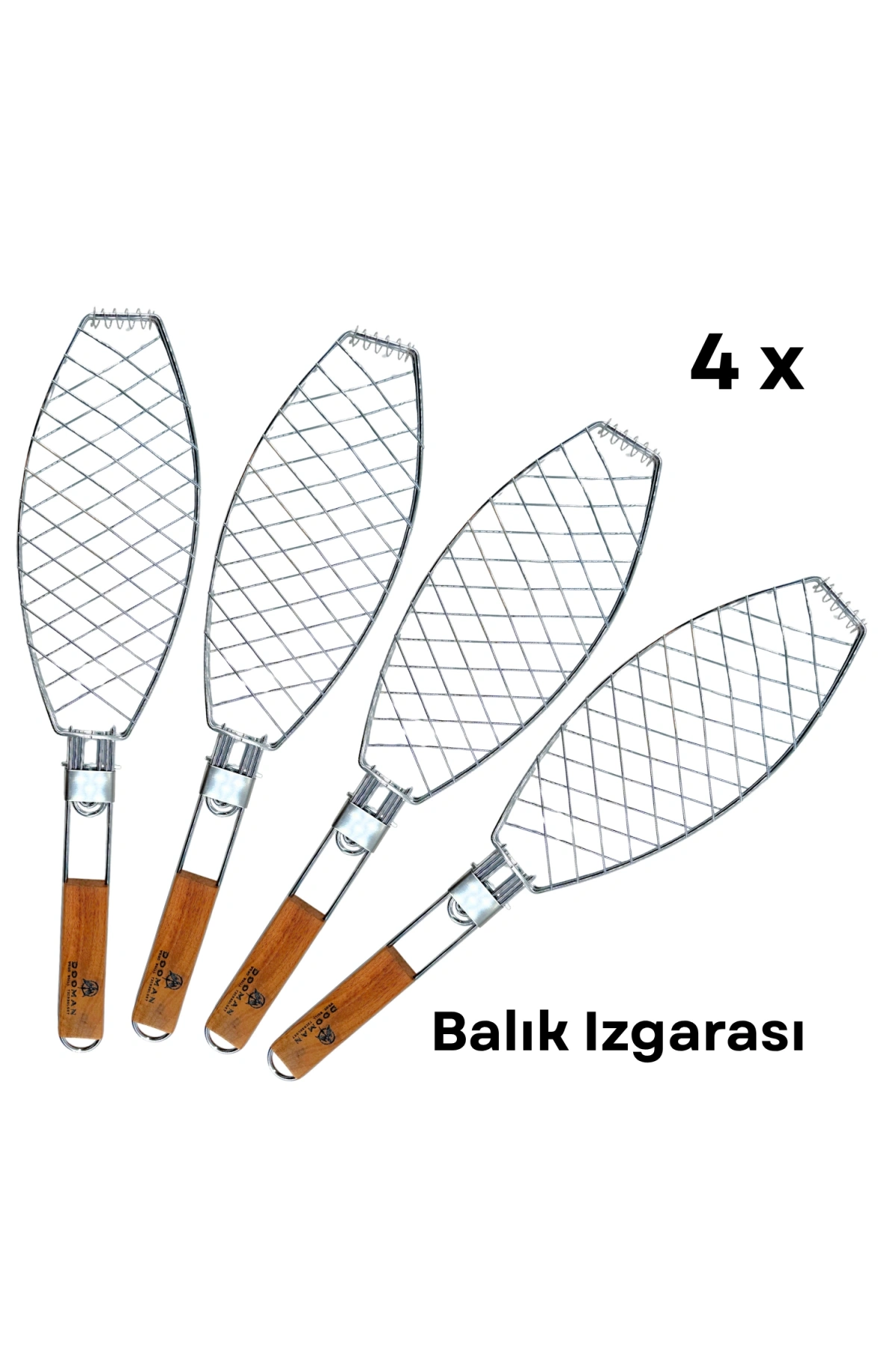 Dooman 4lü Paslanmaz Çelik Balık Izgara Teli Ahşap Saplı 30x13 cm Izgara Alanı - 318g