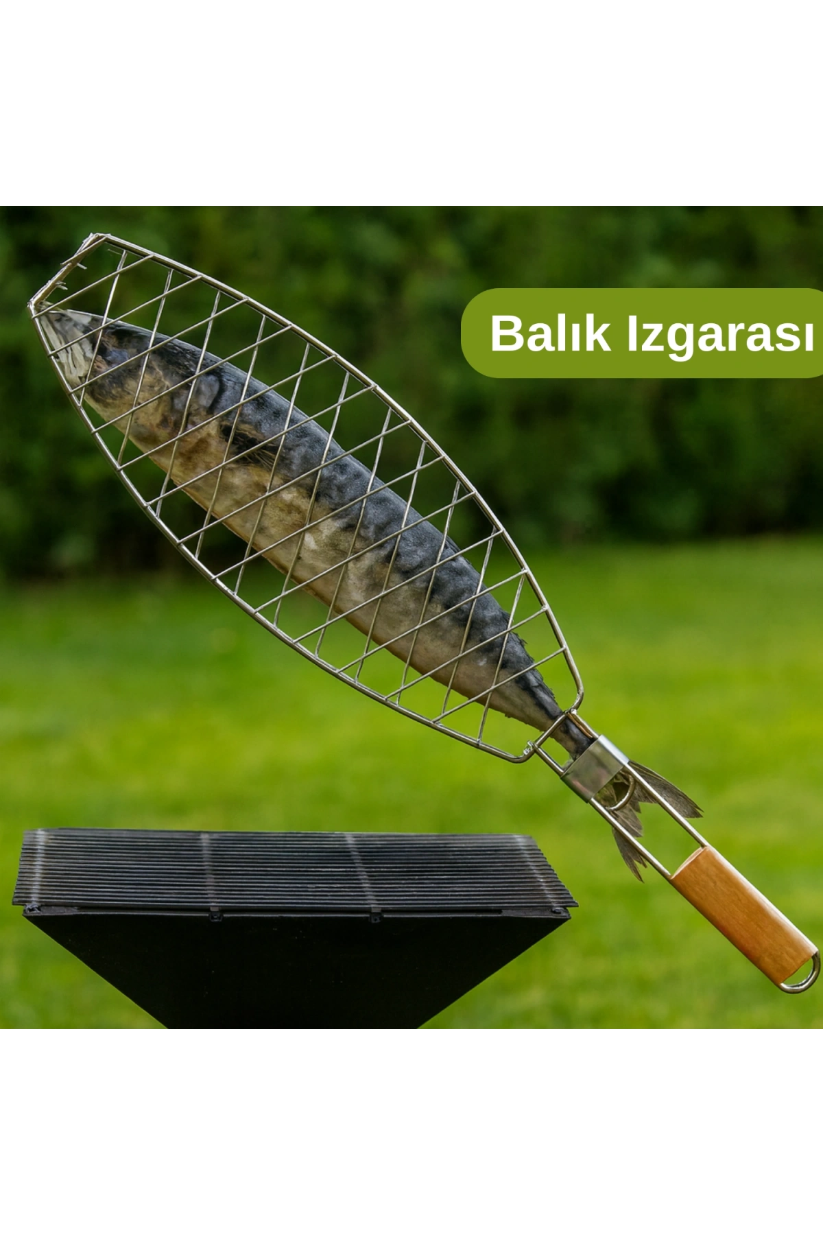 Dooman Paslanmaz Çelik Balık Izgara Teli Ahşap Saplı 30x13 cm Izgara Alanı - 318g
