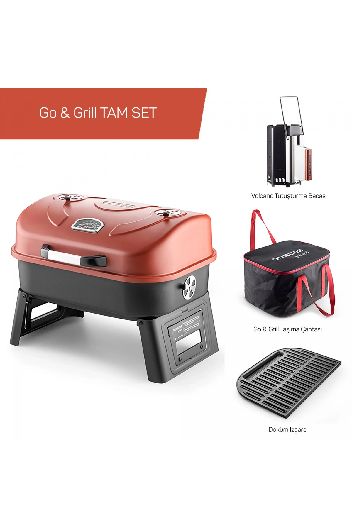 Guruss Go Grill Portatif Barbekü Mangal Tam Set (Oksit Kırmızı)