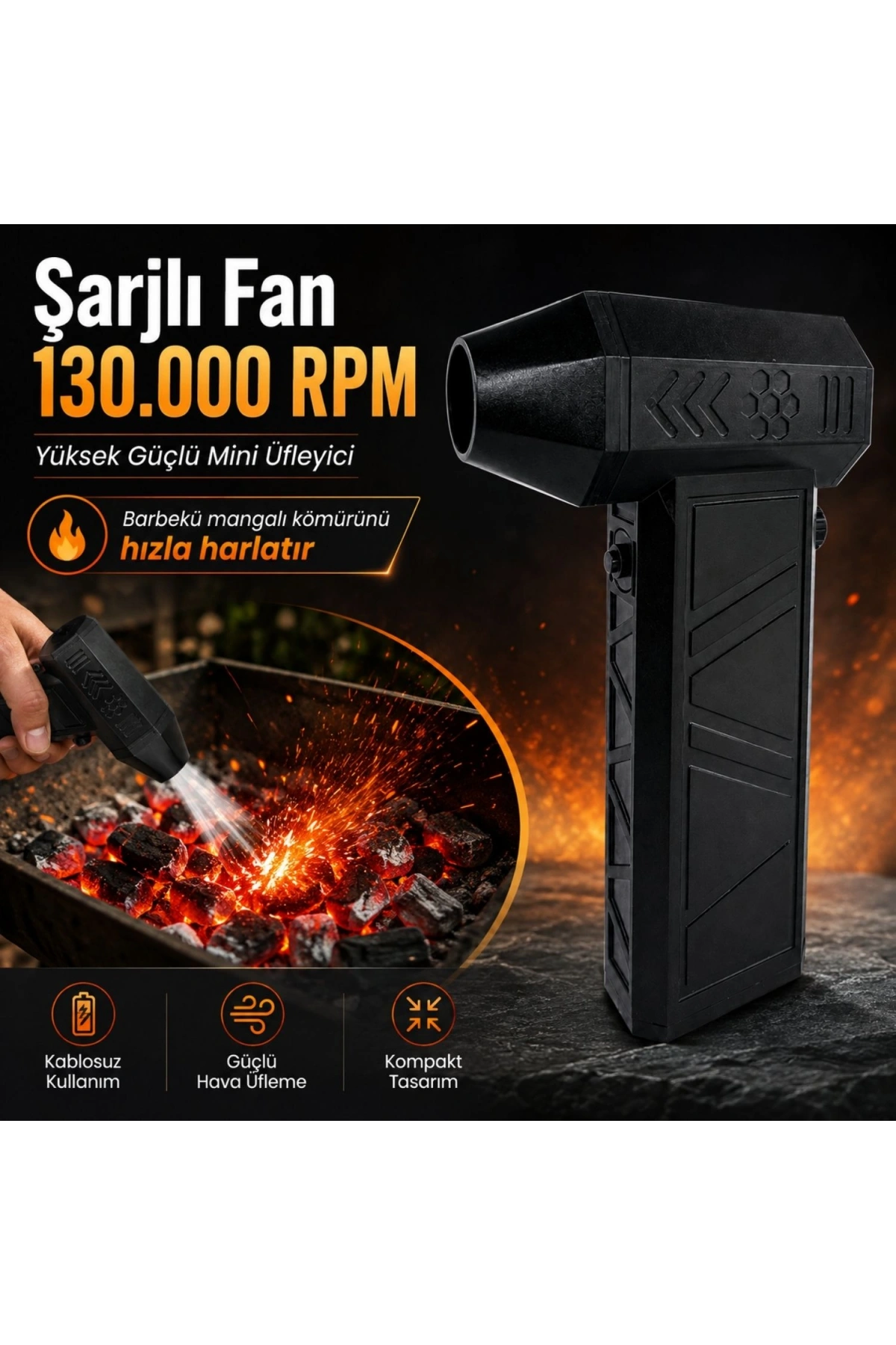 Mangal Kömür Harlayıcı Şarjlı Fan 130.000 RPM Yüksek Güçlü Mini Üfleyici