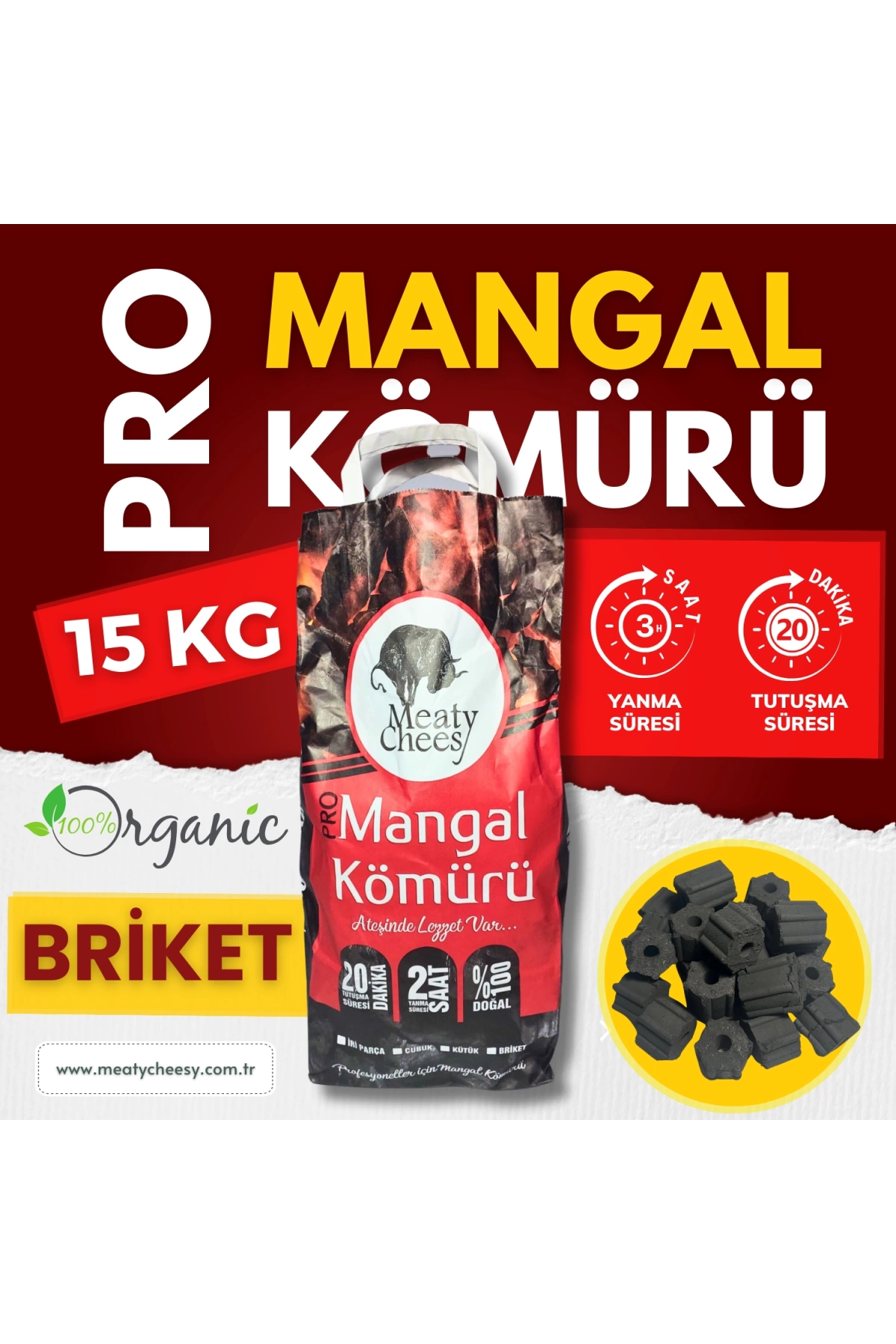 Meaty&Cheesy Firehex Bio Karbon Mangal & Barbekü Kömürü (Briket) - 15 kg