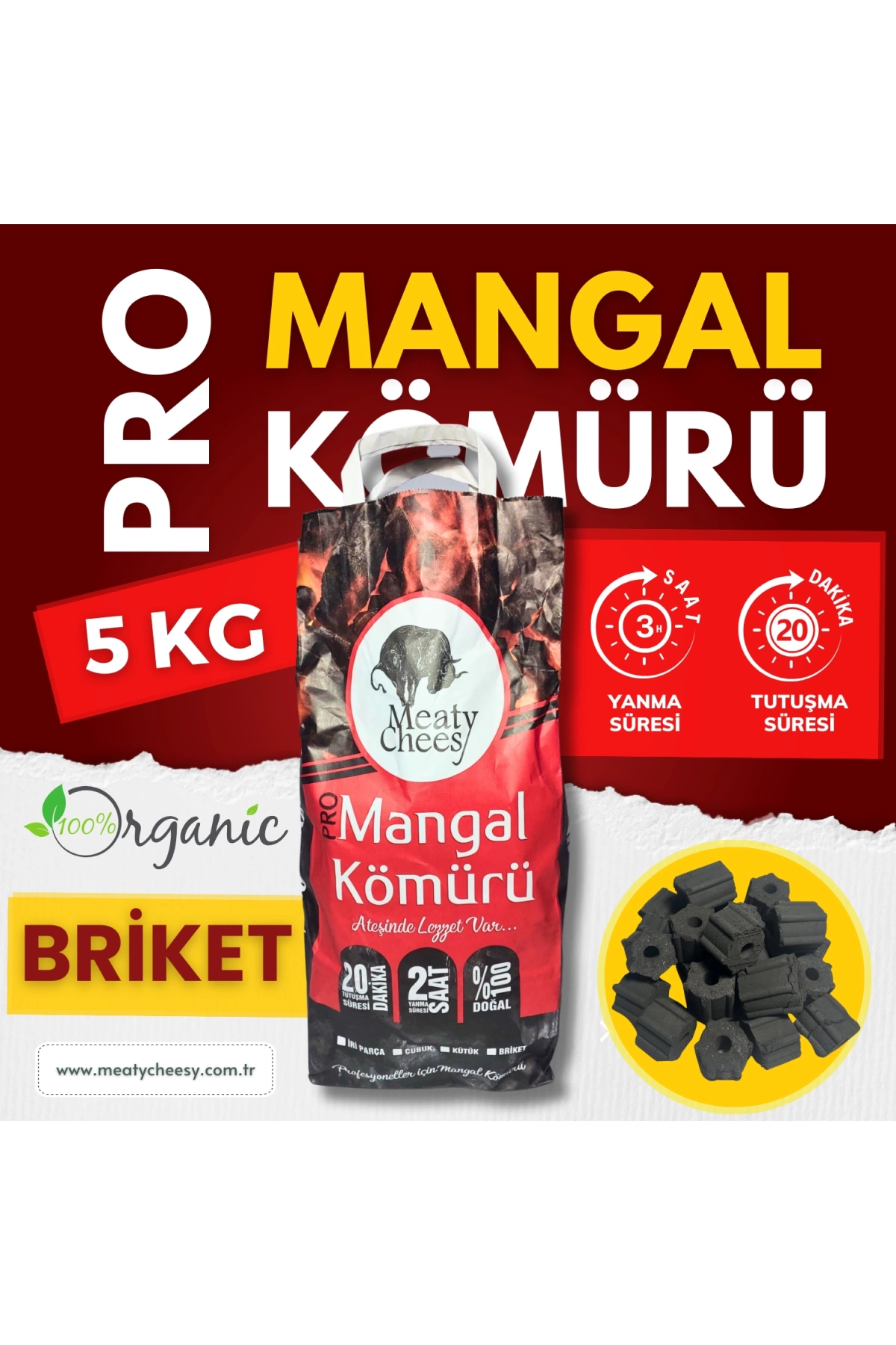 Meaty&Cheesy Firehex Bio Karbon Mangal & Barbekü Kömürü (Briket) - 5 kg