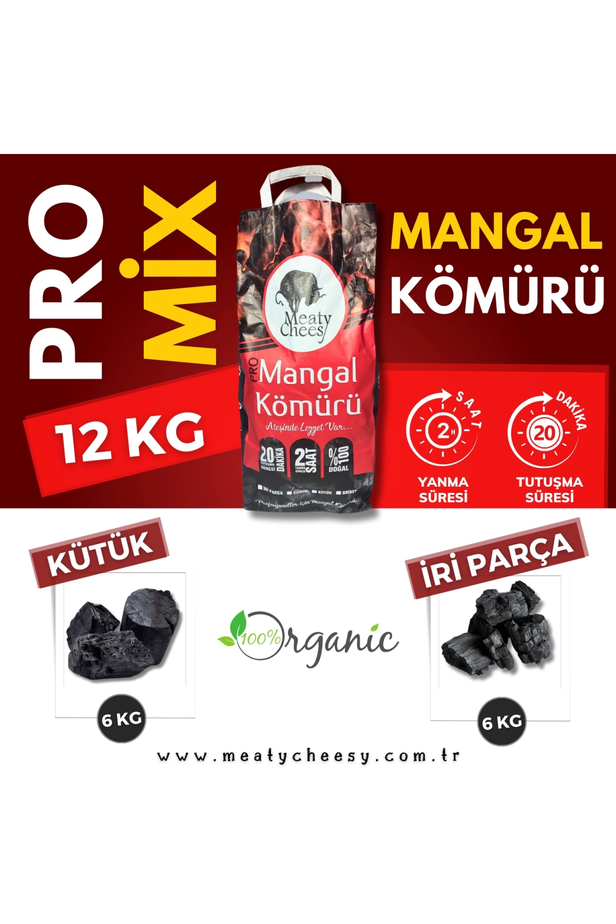 Meaty&Cheesy Mix Bio Karbon Mangal & Barbekü Kömürü (Kütük + İri Parça) - 12 kg