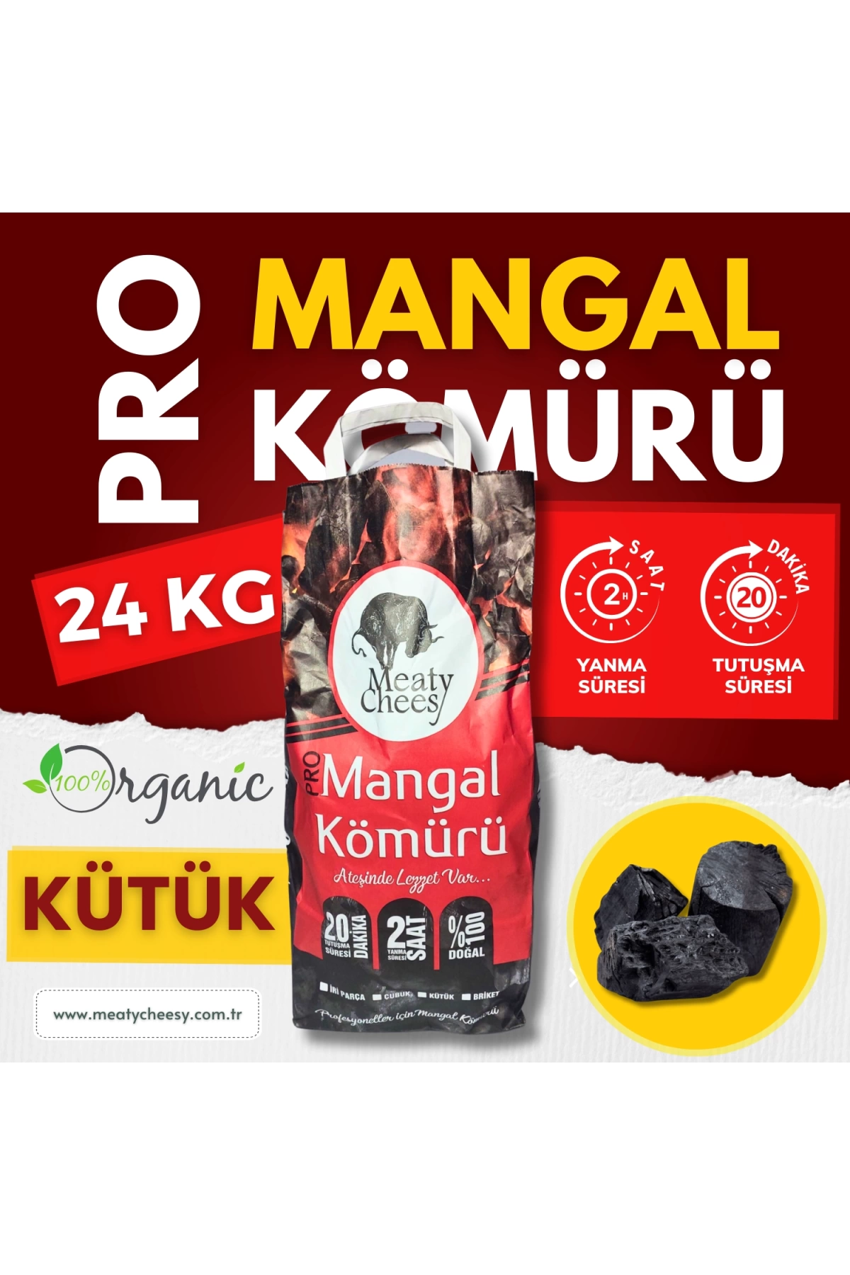 Meaty&Cheesy Ultra Bio Karbon Mangal & Barbekü Kömürü (Kütük) - 24 kg