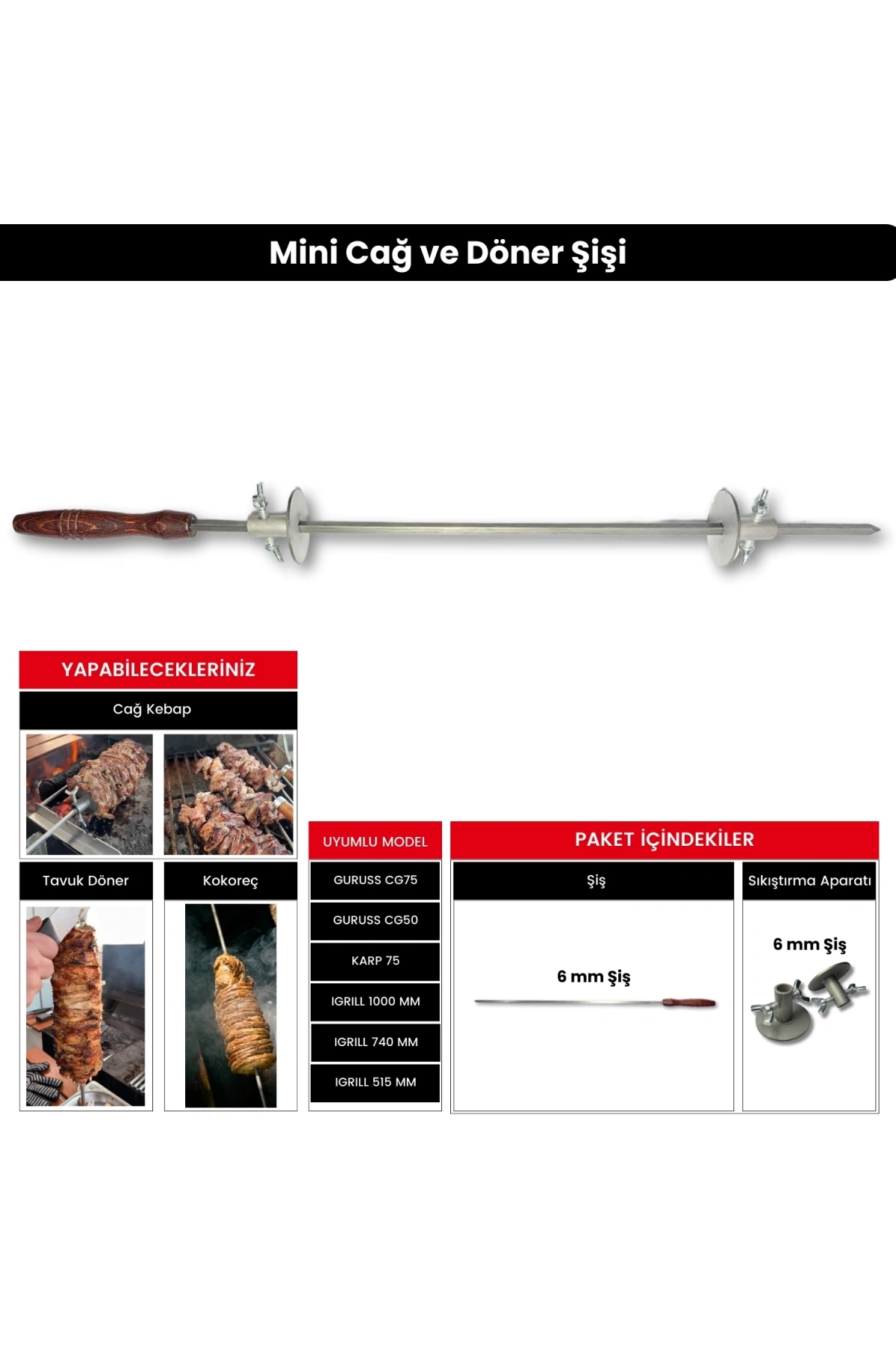 Mini Cağ ve Döner Şişi Paslanmaz Çelik Şiş (57 cm) + (2 Adet Et Sıkıştırma Aparatı)