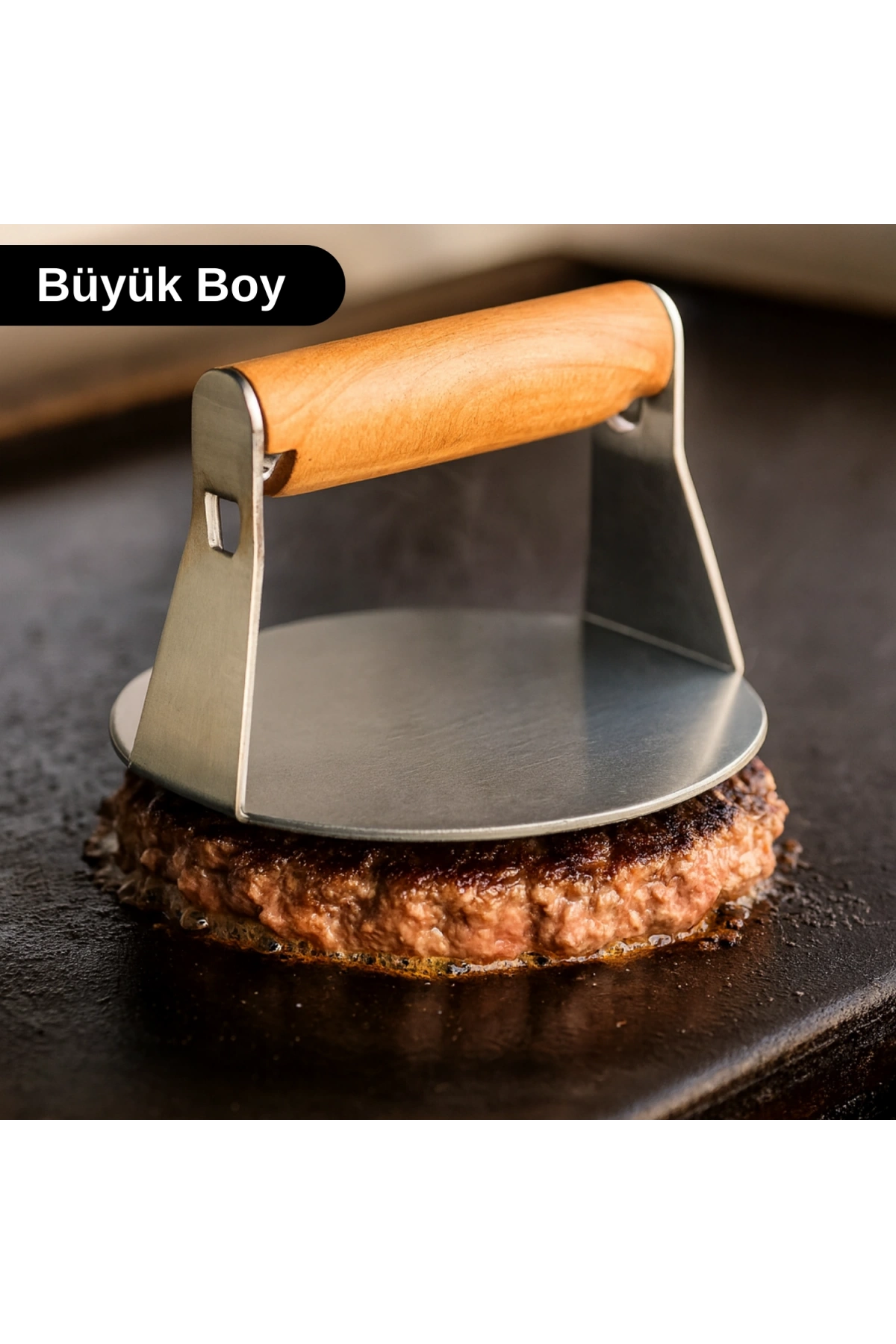 Profesyonel Smash Burger Presi - Paslanmaz, Ahşap Saplı - Büyük Boy