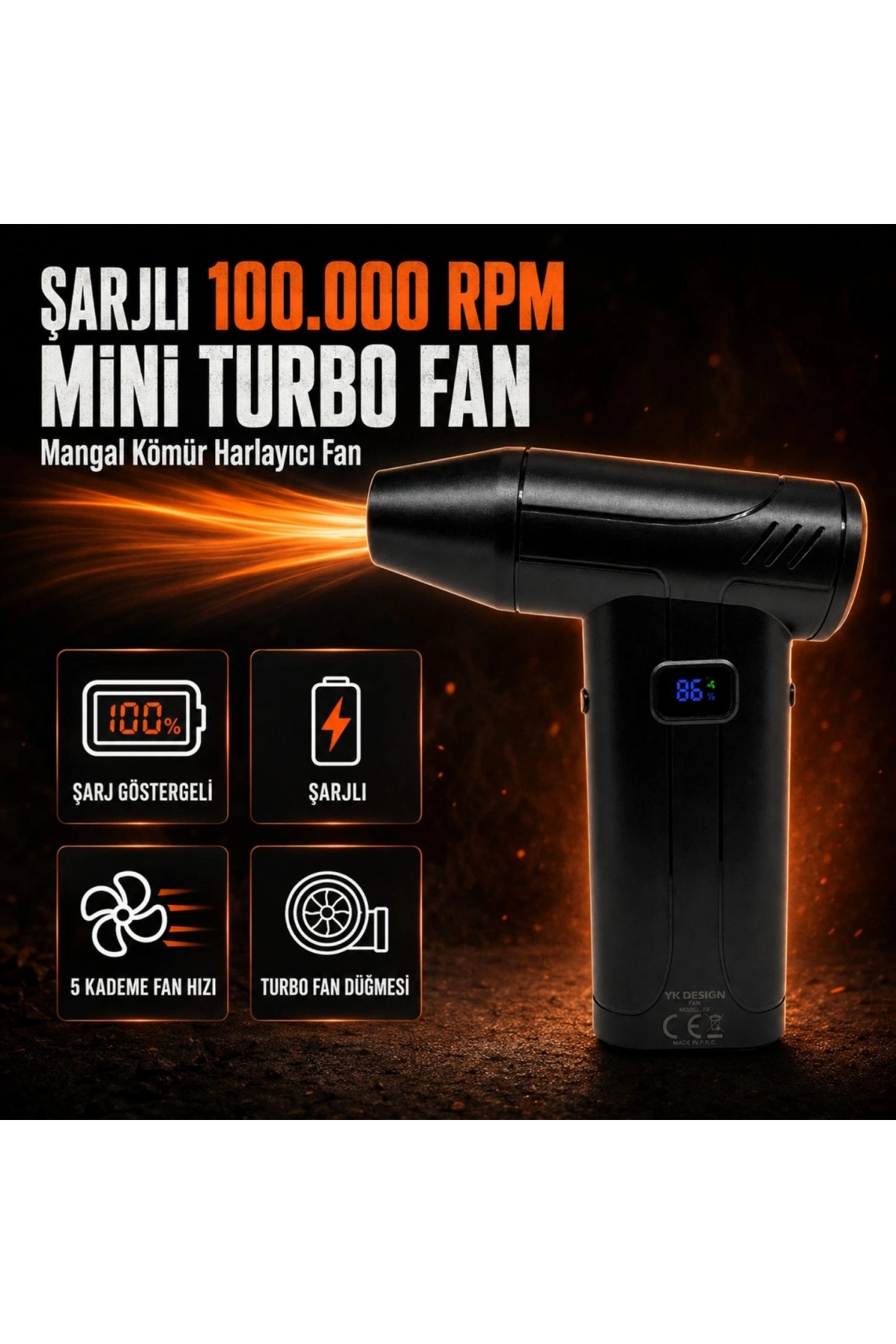 Şarjlı 100.000 RPM Mini Turbo Fan | Mangal Kömürü Harlayıcı